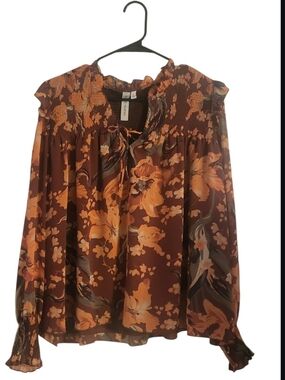 Brown & Orange Floral Smocked Yoke Long-Sleeve Blouse